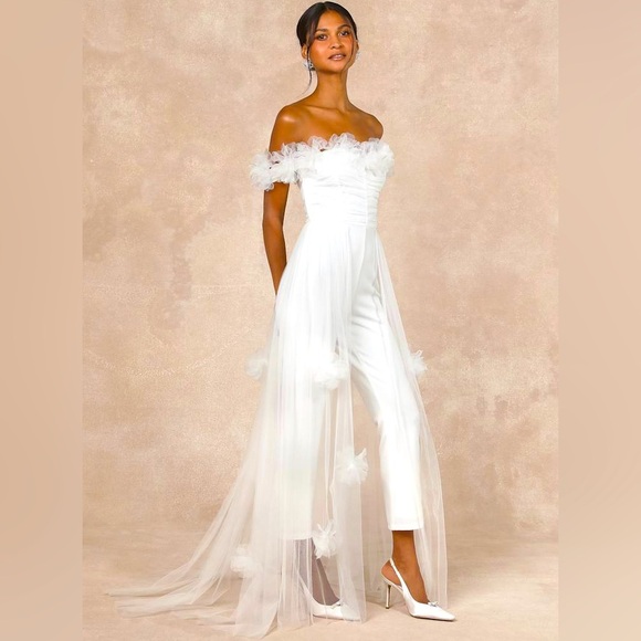 Lulus Modern Devotion White 3D Flower Tulle Overlay Pant Jumpsuit, White,Size S - Picture 2 of 16